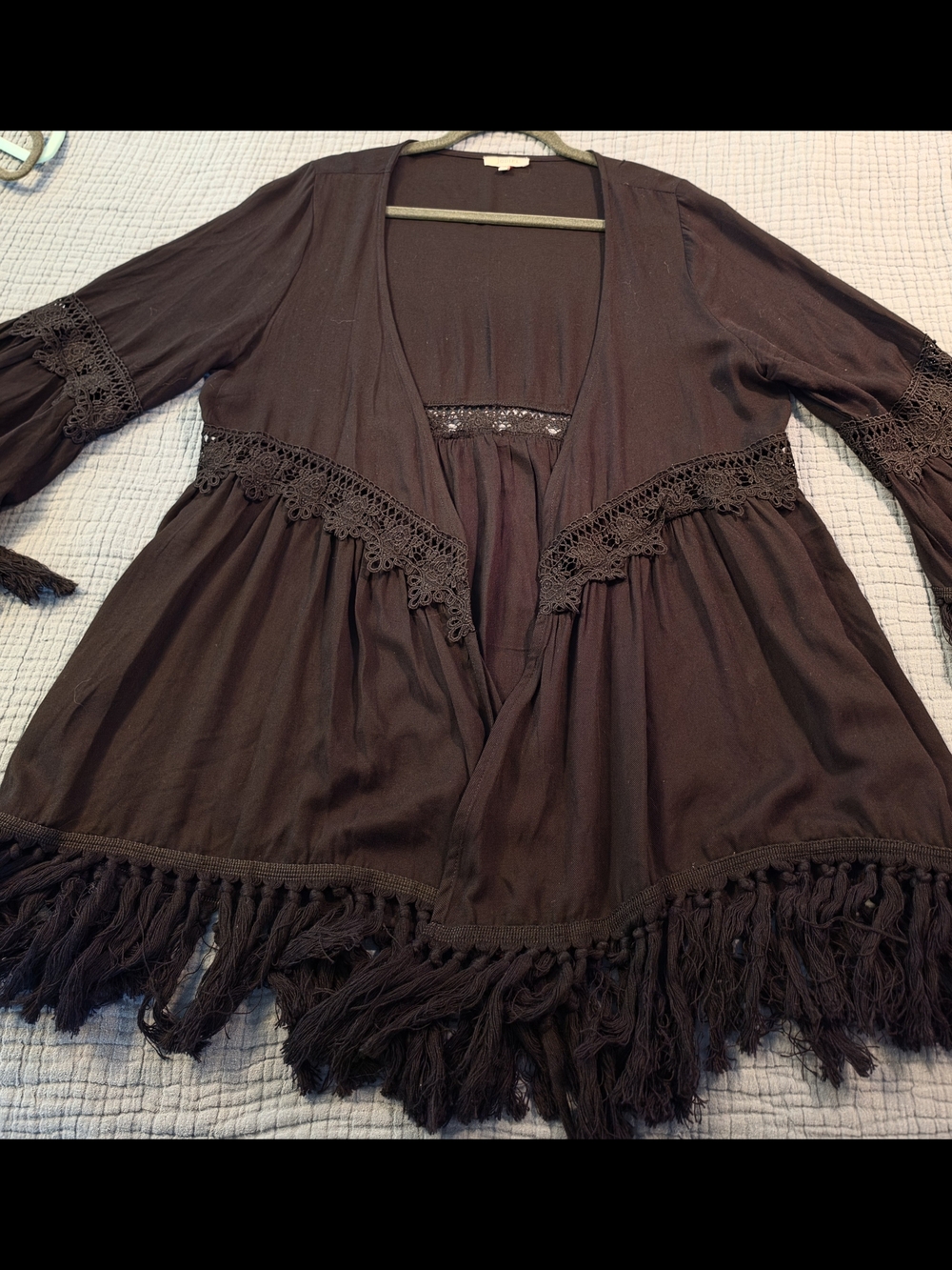 JODIFL Black Cardigan with Lace and Fringe Trim